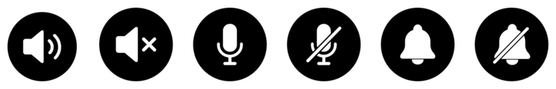 Sound, mute, microphone, notification bell, speaker and audio icon set for volume control, voice communication and user interface applications. Vector illustration