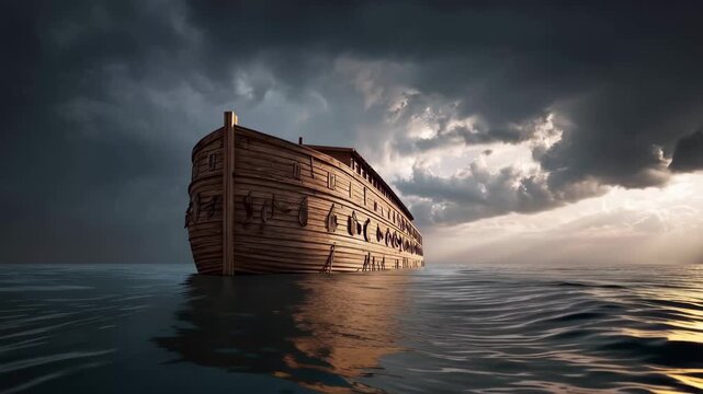 Noah's Ark sailing through stormy seas with divine sunlight breaking through dark clouds
