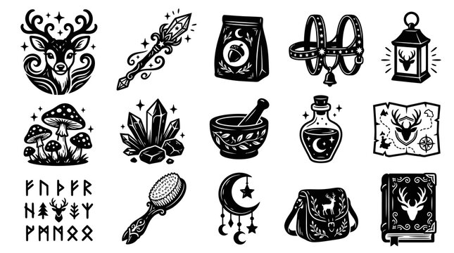 Monochrome Witchcraft and Fantasy Icons Set with Mystical Forest Elements. Magic Symbols Vector Art