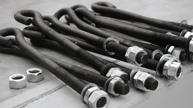 Heavy-duty anchor bolts with nuts and washers prepared for steel construction and industrial installation. Structural fastening components for engineering and manufacturing projects.
