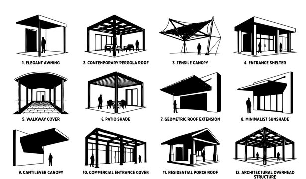 Modern Gray Architectural Canopy and Pergola Vector Set with Abstract Awnings Shelter Roof Structures Collection
