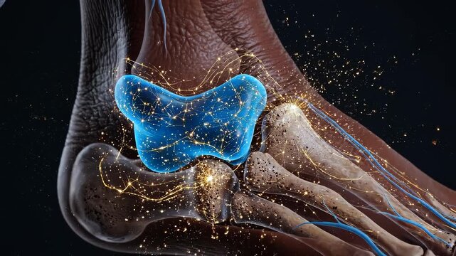 human ankle joint with slow camera rotation, flexible cartilage layer visualized as a glowing shock-absorbing surface between bones, illustrating joint mechanics, mobility, and load distribution