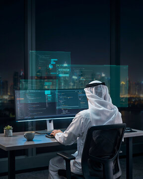 Man in traditional dress coding at computer with holographic screens overlooking city.
