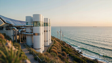 Obraz premium Modern wind turbine power plant built on coastal cliff side above ocean at dusk landscape.