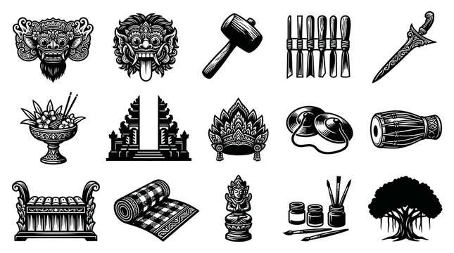 Balinese Culture and Traditional Arts Icons Set. Engraving Style Black  White Line Art Illustrations.