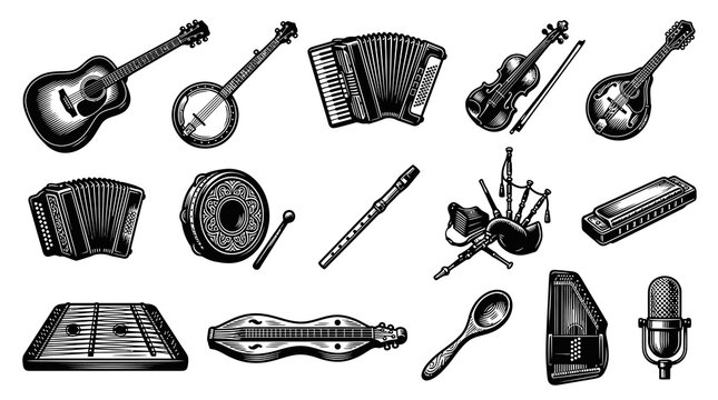Black and White Line Art of Various Musical Instruments - Stock Vector