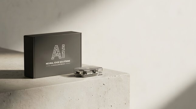 Ai accelerator kit in clear casing next to its product box from neural edge solutions in bright studio light demonstrating advanced machine learning hardware for developers.