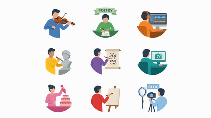 Fototapeta premium Flat Illustration Icon Sheet of Creative Pursuits: Violinist, Poet, Audio Editor, Sculptor, Calligrapher, Photographer, Cake Decorator, Painter, Vlogger
