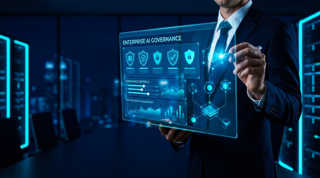 Enterprise ai governance concept with a businessman interacting with a futuristic digital interface in a hightech server room environment