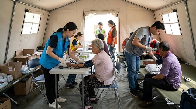 Medical personnel provide healthcare services in a temporary clinic tent