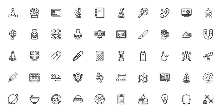 Science_8307 icon set. Science vector icons pack. Minimal thin line icons. Featuring atom, microscope, flask, bacteria, robot, earth globe, rocket, dna, telescope, syringe, calculator, light bulb, phy