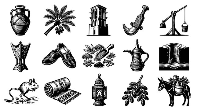 Arabian Heritage Engraving Icons Set: Traditional Middle Eastern Culture and Desert Life Elements, Black  White Art