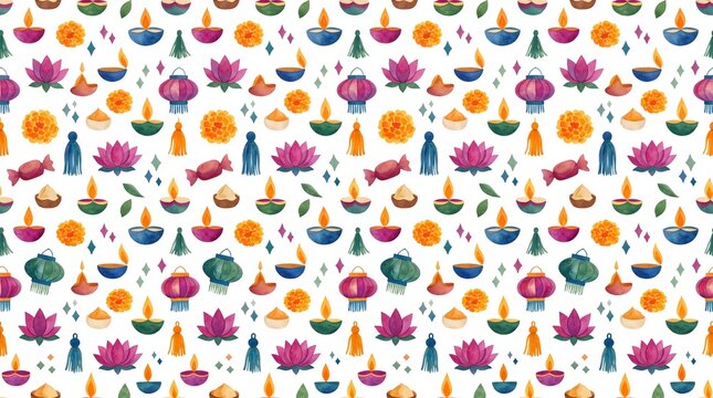 Vibrant Diwali festival seamless pattern, traditional Indian holiday celebration background, colorful watercolor style festive design, Hindu festival of lights decorative illustration.