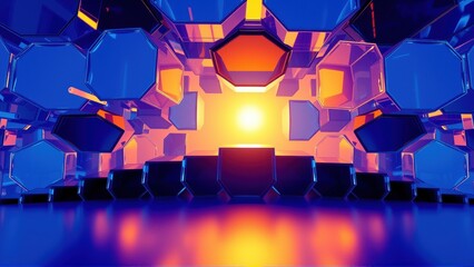 Fototapeta premium Futuristic tunnel, hexagonal shapes, vibrant colors, glowing light source. Dramatic perspective creates immersive space.