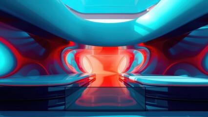 Fototapeta premium Abstract tunnel, vibrant colors, symmetrical design. Red, blue hues create futuristic interior space. Reflections enhance depth.