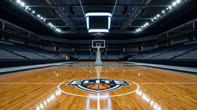 Unpopulated Professional Indoor Wood Basketball Court with Bright Lights