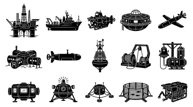 Black  White Oceanography and Deep Sea Exploration Icons Set. Marine Industry Equipment Glyphs
