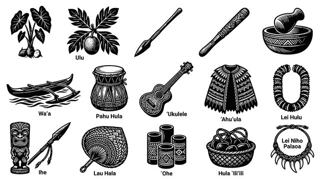 Vintage Engraved Hawaiian Culture Icons Set. Traditional Polynesian Objects in Black  White Line Art.