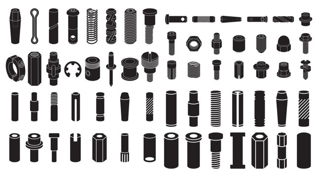 Set of Cylindrical Hardware Pins and Fastener Silhouette Vector Icons for Mechanical Use 