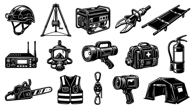 Black  White Vintage Engraving Style Vector Icons of Emergency and Rescue Services First Responder Gear.