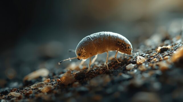Macro Close Up of Orange Springtail Insect Walking on Rocky Ground