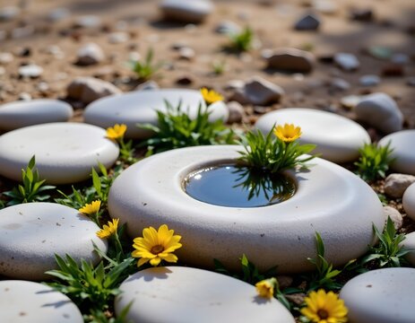 Serene Zen Garden with Water Flowers and Smooth Stones