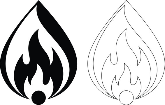 Vector icon set featuring a burning fire flame inside a drop shape, presented in both solid black silhouette and simple outline styles for energy and heat graphic design.