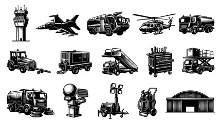 Obraz premium Airport Ground Support Equipment, Vehicles, and Aircraft Vector Icons - BW Line Art