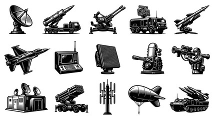 Obraz premium Black and White Line Art Icons of Military Equipment and Vehicles