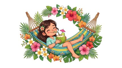 Naklejka premium Cartoon girl relaxing in a colorful hammock with tropical flowers and a coconut drink