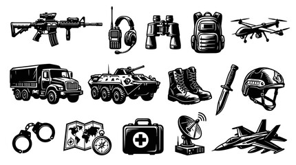 Obraz premium Military Gear Icons: Rifle, Drone, Truck, Knife, Jet, Boots, Binoculars, Map, Radio