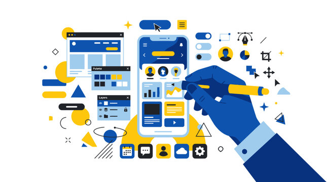 Hand Holding Smartphone with Mobile App Interface Design and Icons Set