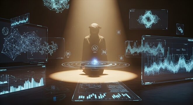 Man working on computer in futuristic laboratory with data screens