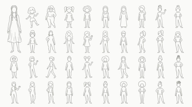 Collection of diverse hand-drawn female figures in various poses and styles, representing different ages and body types.