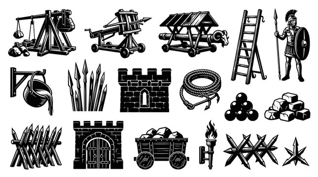 Black and White Vector Illustration of Medieval Siege Weapons and Fortifications