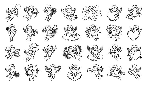 Valentines Day cherub and heart vector set with hand drawn Cupid angels romantic love illustrations isolated on white background
