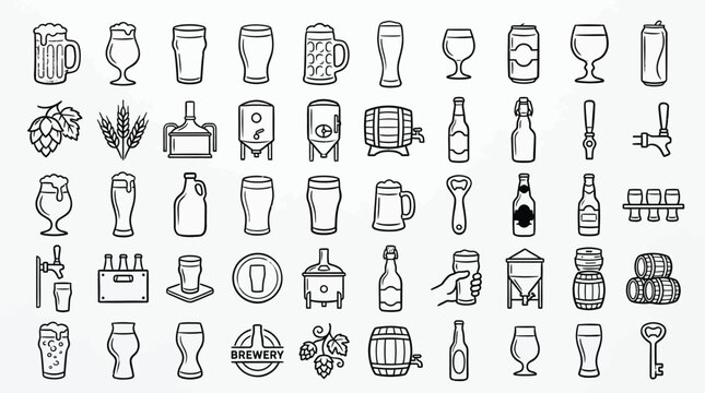 Collection of various beer-related icons including glasses, bottles, barrels, hops, and brewery equipment.