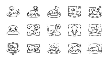 Dog Poses Icons: Sleeping, Resting, Relaxing on Pillows & Beds - Line Art Set