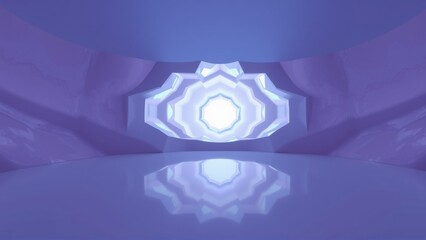 Fototapeta premium Symmetrical abstract design. Glowing center reflects on surface below. Purple hues dominate composition, creating depth.