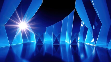 Obraz premium Abstract blue geometric shapes create futuristic space. Bright light source illuminates reflective floor, dramatic effect.