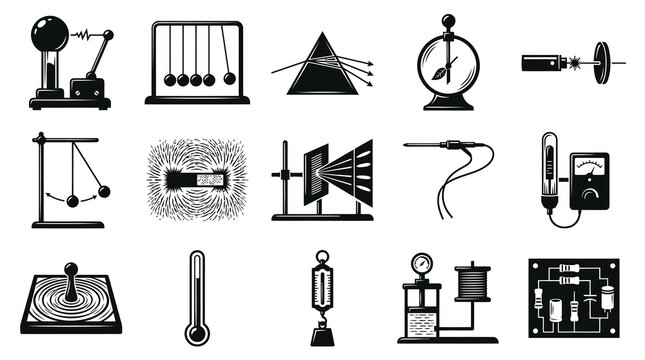 Black and White Science Equipment Icons: Physics and Electricity Illustrations