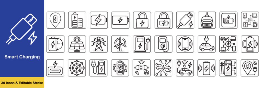 Smart EV Charging and Battery Management Outline Icons &ndash; Electric Vehicle Infrastructure, Wireless Charging and Energy Grid Vector Pack
