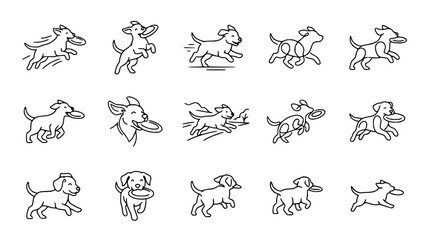 Fototapeta premium Happy Dogs Playing with Frisbee Icon Set: Running, Jumping, Catching - Line Art Collection