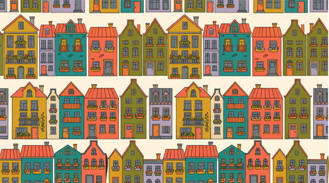 Charming European Townhouses Repeating Pattern, Flat Vector Illustration with Colorful Buildings, Windows, Doors, and Flower Boxes, Seamless Graphic Resource