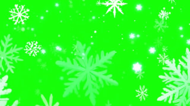 Snowflakes falling on a bright green background with white snowflakes and particles floating around