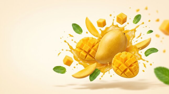 Vibrant 3D mango splashing in air with yellow flesh and green leaves