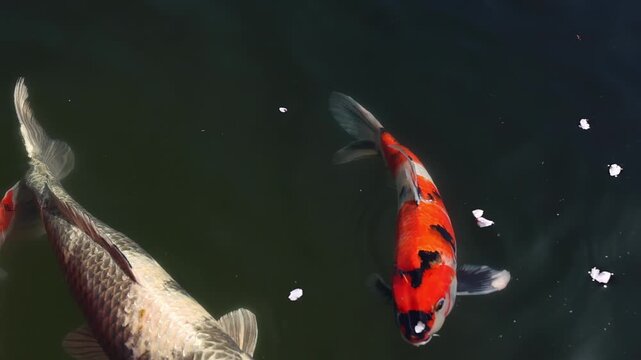 Beautiful koi fish swimming together in dark pond water in Japan, showing vibrant orange, white and spotted patterns. Serene garden detail for tourism, relaxation and Japanese culture concepts.