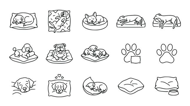 Cute Dog Breeds Sleeping on Pillows and Beds - Vector Icons Collection