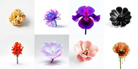 Fototapeta premium Floral collection showcases diverse blooms. Delicate petals, vibrant hues, elegant forms present botanical beauty. Minimalist presentation emphasizes flower details.