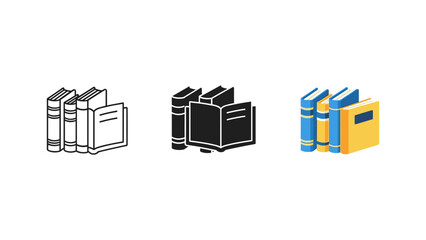 Set of book icons including upright books and open with bookshelf education literature knowledge learning © Nuyab Stock